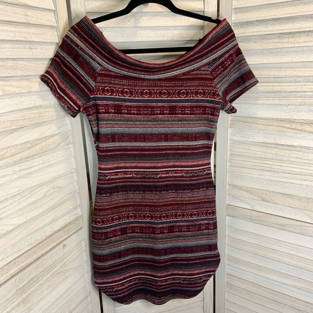 Papaya Burgundy Gray Striped Print Off Shoulder Bodycon Mini Dress L